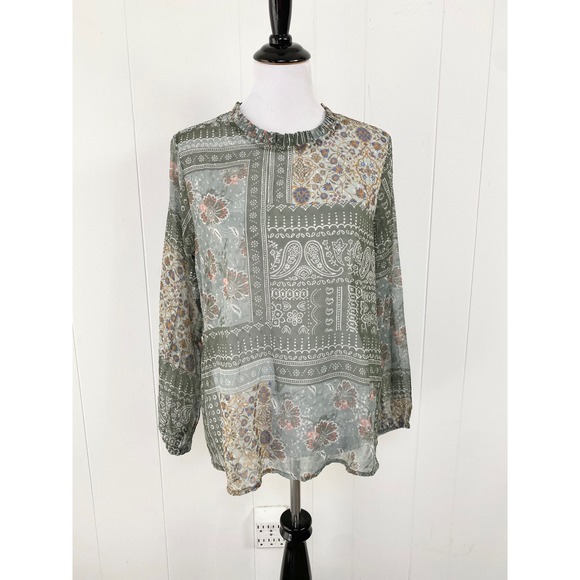 Cost Plus World Market Tops - World‎ Market Green Patchwork Paisley Floral Sheer Blouse Long Sleeve Top Sz S/M